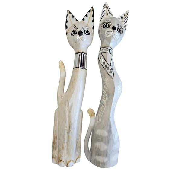 Set 2 Carved Tall Cat Wood Teak Figures White Mirrored Tile Hobo Hippy Statue - Picture 1 of 8